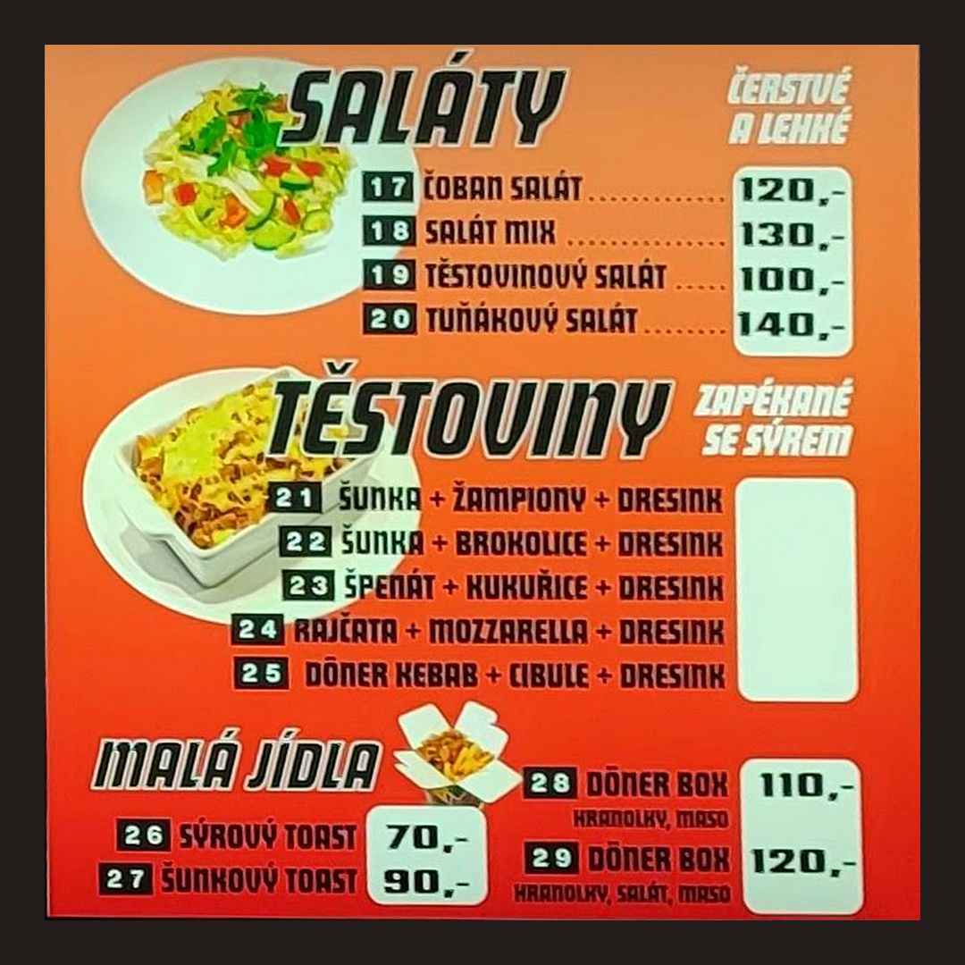 Kebab, dürüm a saláty v centru města Liberec