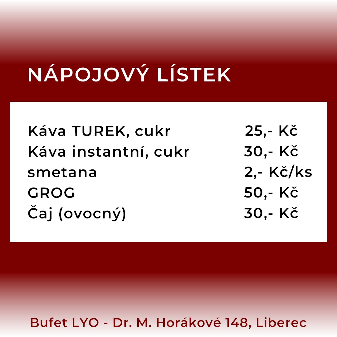 Nápojový lístek v Bufetu LYO.