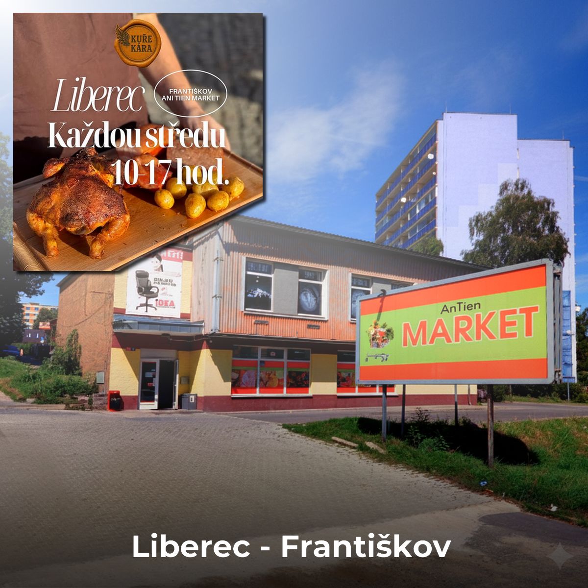 Prodej grilovaných kuřat a dalších dobrot ve městech Hejnice, Frýdlant, Nové Město pod Smrkem a Hrádek nad Nisou, vše v okresu Liberec.